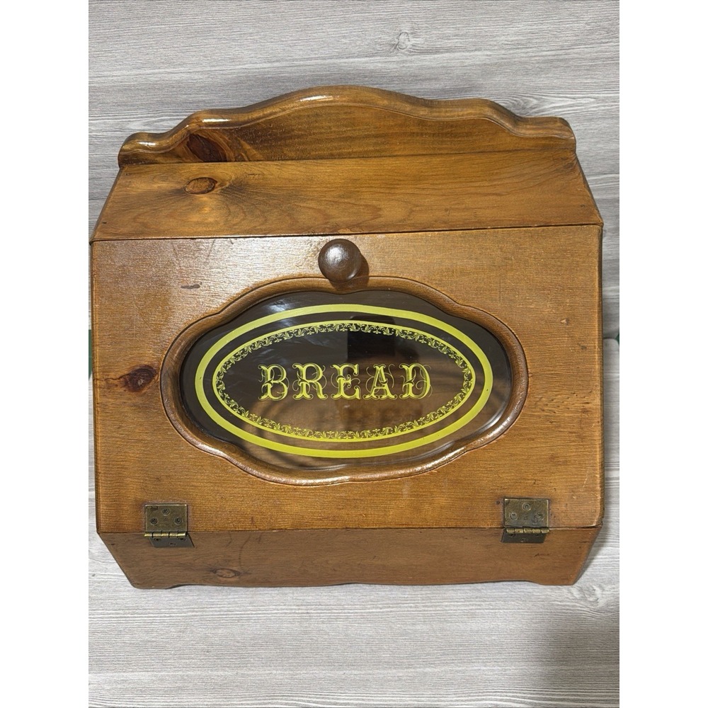 Vintage Wood Bread Box Glass Door Farmhouse Cottagecore Kitchen Large